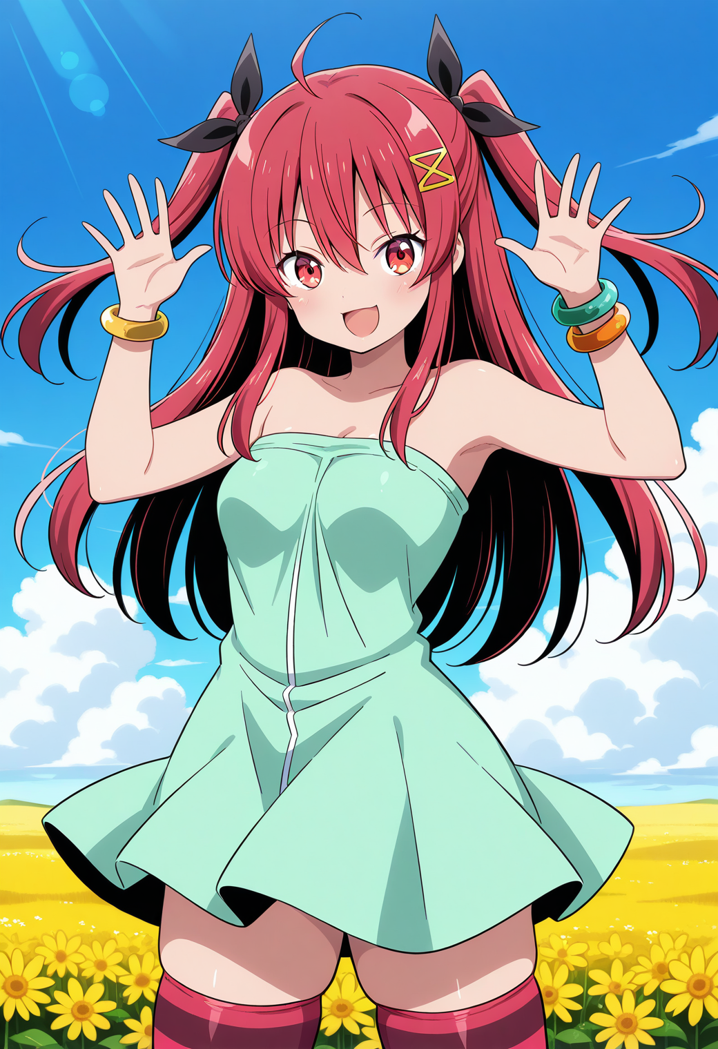 hino_yachika, red eyes, red hair, long hair, two side up, ahoge, hair ribbon, black ribbon, hair ornament, bracelet, strapless dress, light green dress, striped thighhighs, zettai ryouiki, <lora:Abaddon_hino_yachika_illustrious_ver1:0.8> 
smile, open mouth,, masterpiece, best quality, general,, 1girl, solo, (field:1.2), (blue sky:1.2), looking at viewer,, (cowboy shot, dynamic pose:1.4),