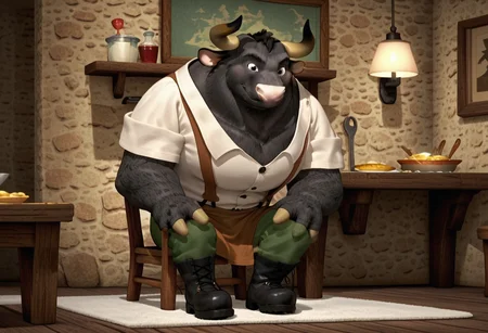 score_9, score_9_up, 1boy, solo, male, anthro, bull, big, black fur, horns, pink nose, white collared shirt, brown apron, green pants, black boots, sitting on a chair, blacksmith workshop background, brown theme, source_cartoon, Expressiveh