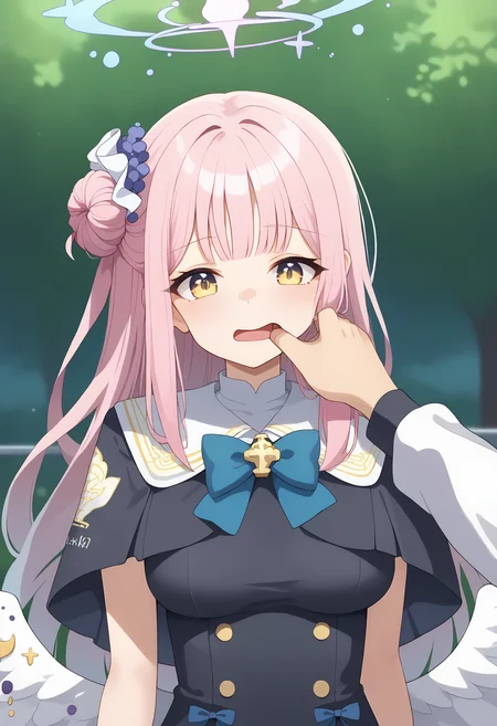 score 7 up, source anime, 1girl, , <lora:mika_blue_archive_PONY_last:1> mika-default, mika \(blue archive\), yellow eyes, single hair bun, pink hair, long hair, halo, capelet, wings, , <lora:_sdxl-fingercandy-pony:1> fingercandy,,