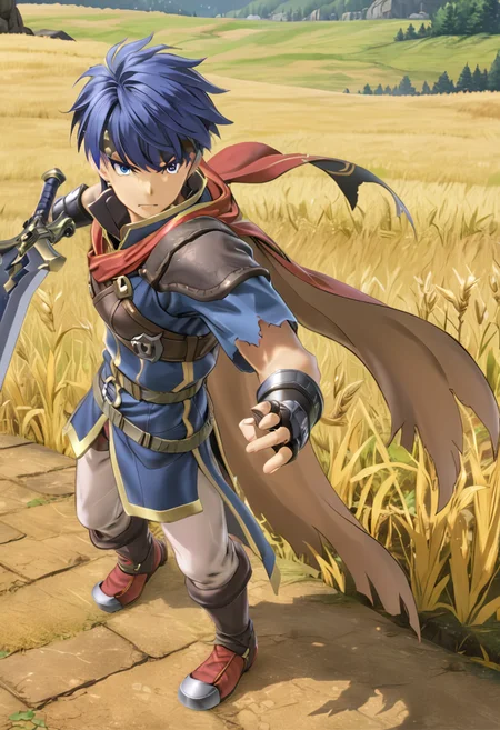 <lora:IKEFEXL:1> IKEFEXL, 1boy, man, standing in a field, blue hair, blue eyes, weapon, sword, (anime, masterpiece, intricate:1.3), (best quality, hires textures, high detail:1.2), (4k),(incredibly detailed:1.4),UHD, 8K, ultra detailed