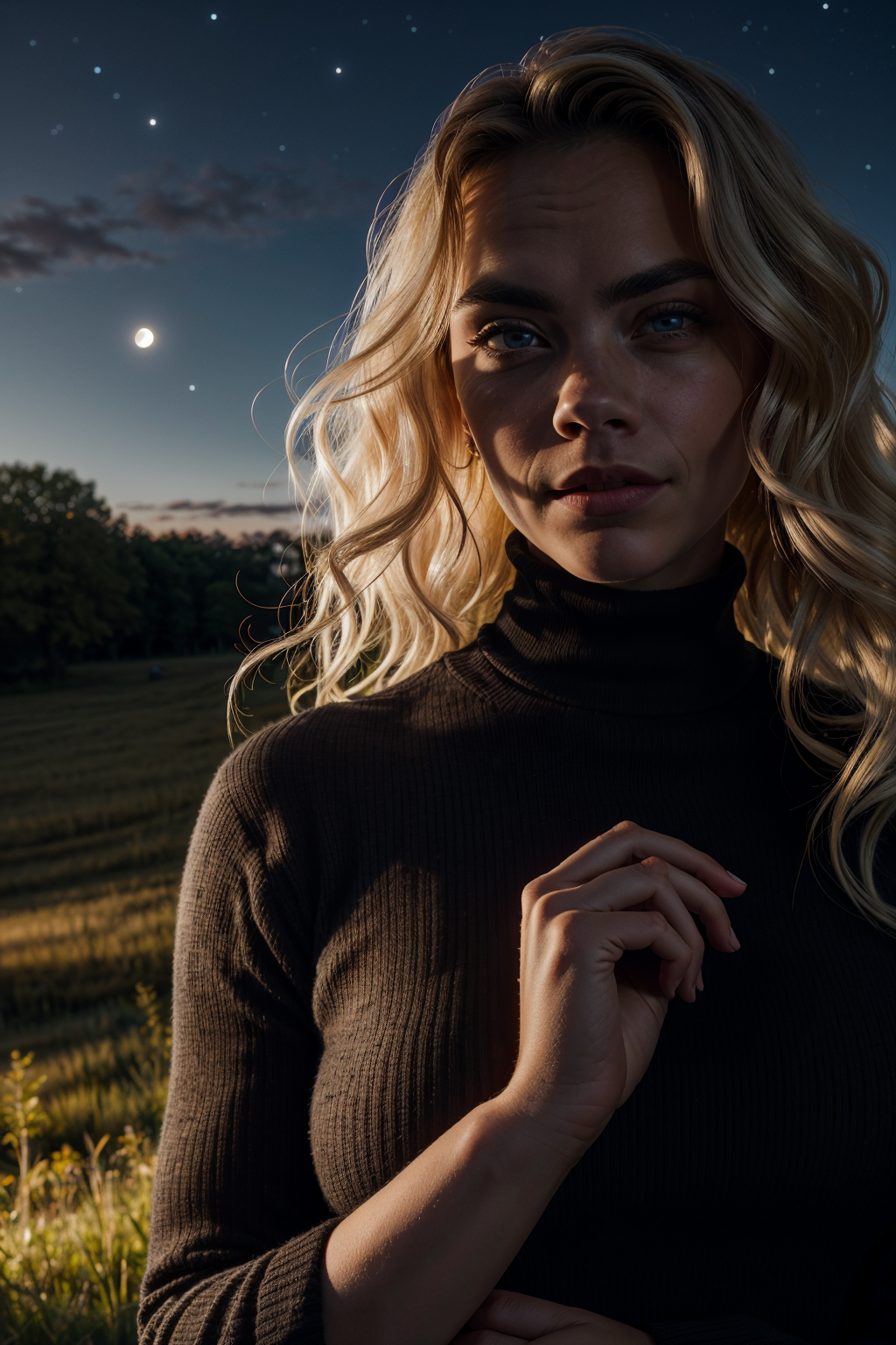 big eyes, pale skin, glossy lipstick Cara Delevingne, facing viewer, looking at viewer,   upper body, a glamorous herbalist , she is surrounded by magical herbs in a moonlit meadow, ((black dress)), ((turtleneck dress)), frilled dress,   fireflies, dark background,  night, night sky, from side, seductive smile, head tilt, wind, 
((masterpiece, best quality))   <lora:weight_slider_v2:1>, closed mouth, <lora:add_detail:0.5> <lora:backlight_slider_v10:-1.5>