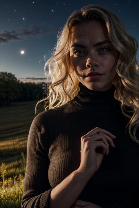 big eyes, pale skin, glossy lipstick Cara Delevingne, facing viewer, looking at viewer,   upper body, a glamorous herbalist , she is surrounded by magical herbs in a moonlit meadow, ((black dress)), ((turtleneck dress)), frilled dress,   fireflies, dark background,  night, night sky, from side, seductive smile, head tilt, wind, 
((masterpiece, best quality))   <lora:weight_slider_v2:1>, closed mouth, <lora:add_detail:0.5> <lora:backlight_slider_v10:-1.5>