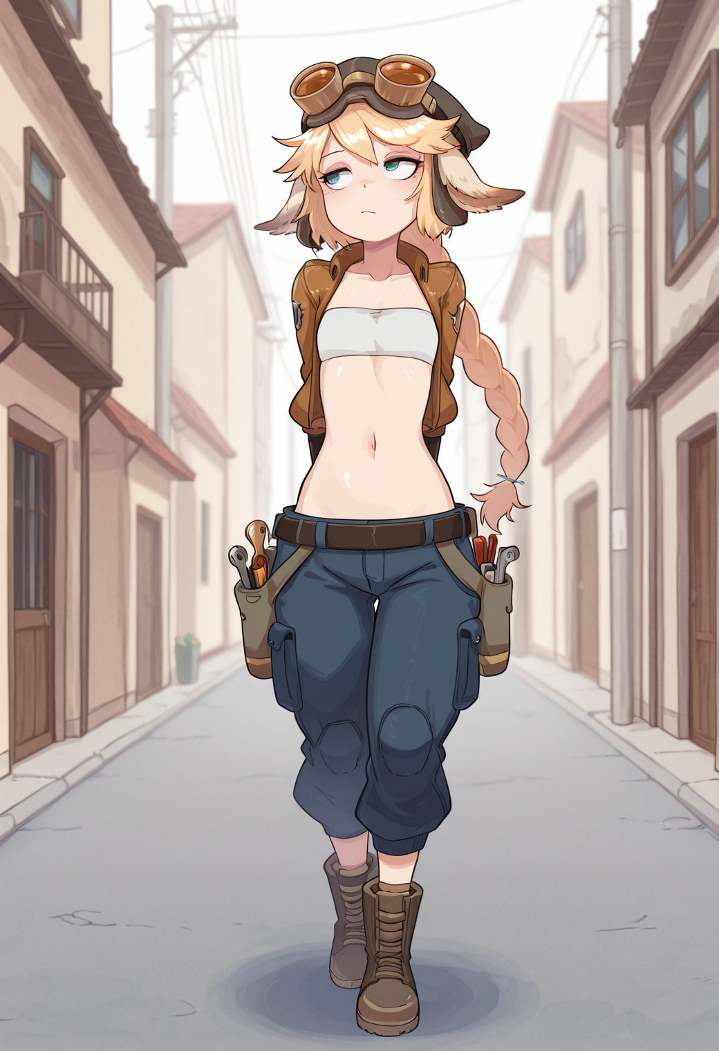 (detailed background:1.1), thick outlines, outdoors, street, <lora:Rapscallion_Illustrious:0.4> rapscallionstyle, <lora:v1:0.8> <lora:Marianne_Guardian_Tales:1> 
BREAK
(1girl, solo:1.2), (mariannegt, blonde hair, long braid, animal ears), standing, arms behind back, 
BREAK
tube top, gloves, cargo pants, navel, open jacket, boots, goggles on headwear, belt, tools, belt pouch,
BREAK
flat chest