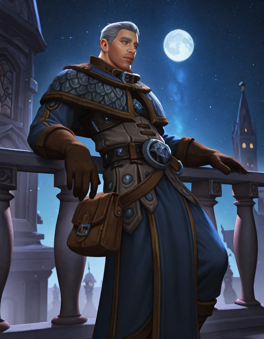 cinematic_depth, 8k, soft_lighting, warm_glow, ultra_high_quality, masterpiece, best quality, newest, perfect quality, intricate details, detailed background, male focus, realistic, solo, <lora:World Of Warcraft - Archmage Khadgar - Illustrious-000006:0.7> wow_khadgar, 1boy, mature male, grey hair, short hair, blue eyes, stubble, robe, brown gloves, belt, satchel, brown boots, on balcony, outdoors, magical city, night, moon, stars, leaning on railing