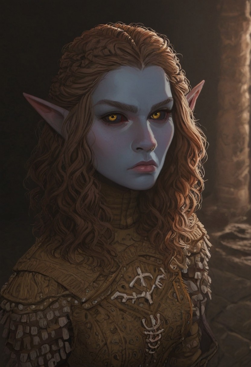 solo, short pointy ears, piercings, random elf face, aquiline features, female dark elf, weathered skin, large nose, insect chitin armor, insect chitin helmet, insect chitin ornaments, stylized insect pattern, athletic build,  animated realism, zoomed out, Syrian features, torso, brass pipes and gears, intricate architecture, dwarven masonry, dwemer fixtures, white-green light, gloomy lighting, ancient ruins, interior, stone tiled floor, grey-blue skin, mahogany and ivory clothes, medium armor, bone plate armor, ivory straps and fittings, alien bone ornaments, grey wood neckguard, deep red sclera, black pupils, blue-green light, neon, highly detailed, defined features, looking at viewer, three quarters view, from above, dynamic lighting, 22 years old, light and shadows, patterned cloth, annoyed expression, expressive eyes, detailed medieval clothes, medium_breasts, medium hair, wavy hair, thick hair, beaded hair, braided hair, under cut hair, semirealistic, alien elf, spanish features, jewish features, dark red hair, sharp features, pastel green inuit print cloak, nighttime, high detail, absurdres, pretty eyes, detailed eyes, yellow eyes,