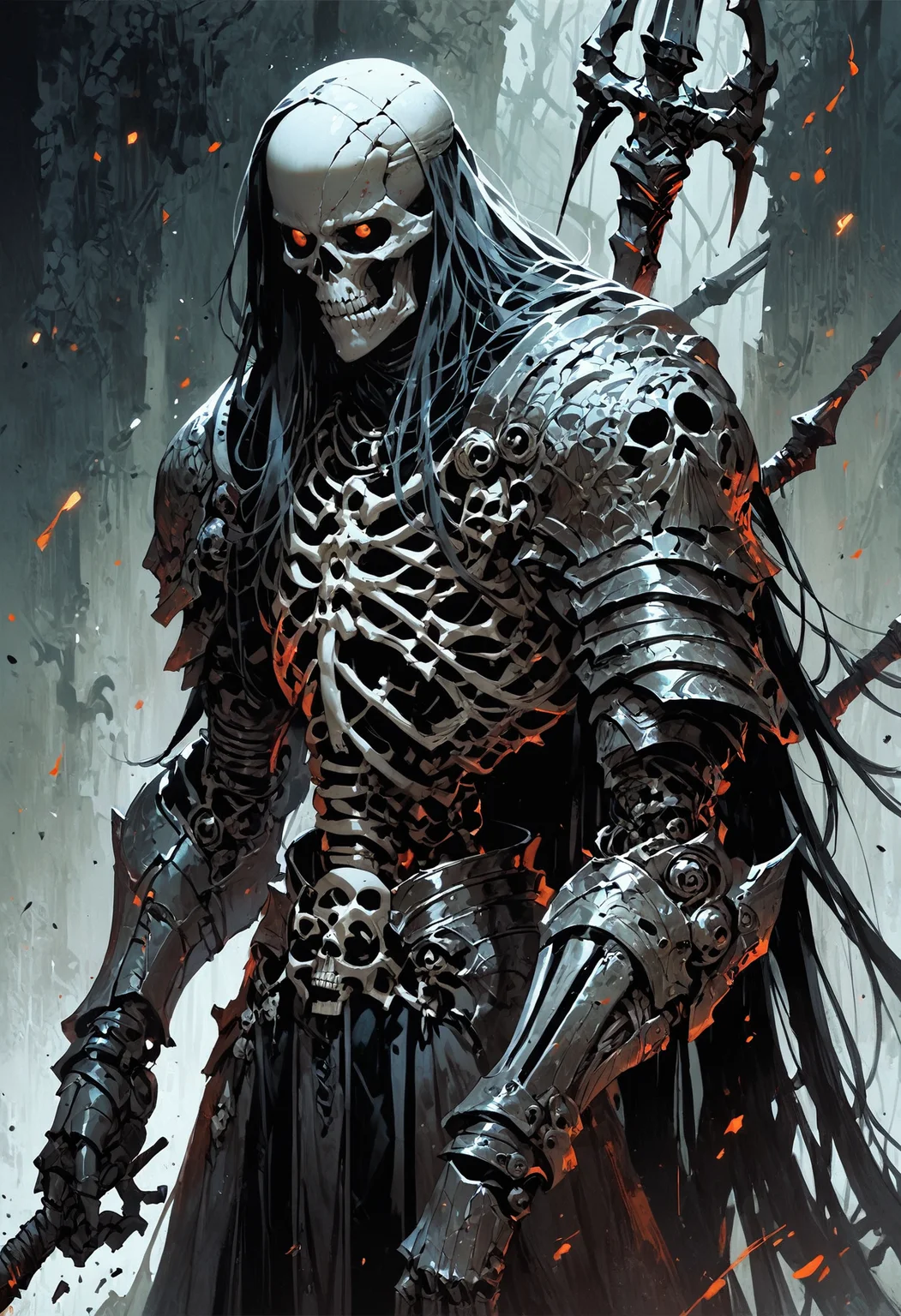 score_9, score_8_up, score_7_up, score_6_up, score_5_up, score_4_up,<lora:Fant5yP0ny:0.8>, 1boy, skeleton, death knight, long hair, solo, holding spear, gauntlets, armored, dark theme,