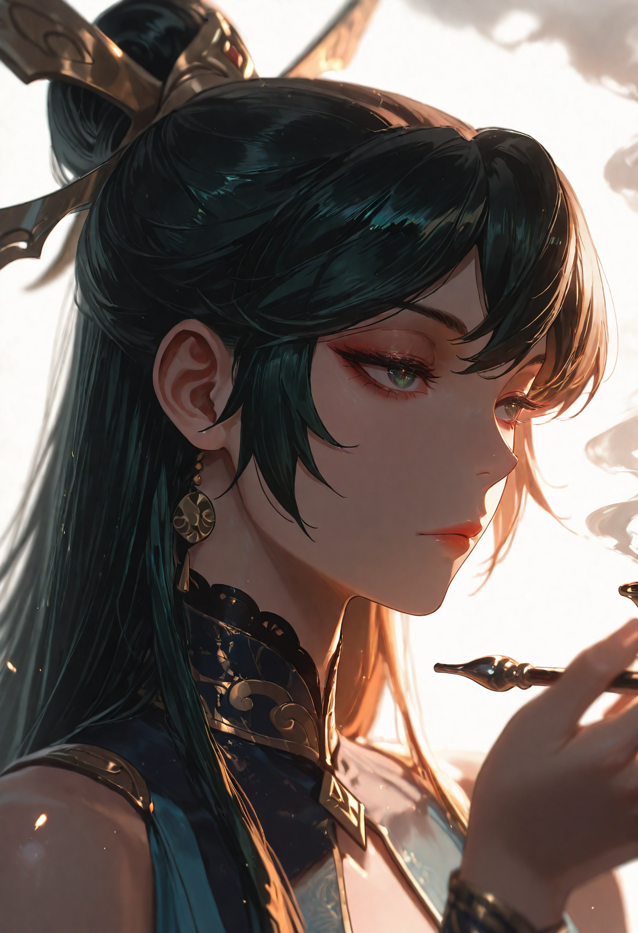 1girl, Wang Zijin, default hair, border,expressionless,flower,hand up,holding,holding smoking pipe, lace collar,portrait,smoke,smoking,smoking pipe,solo, white background,
(Smooth Quality - Illustrious:0.8), masterpiece,best quality,amazing quality, absurdres, (impressionism), ultra-HD, 8k, fit body, highest quality, volumetric lighting, (cinematic composition:1.3), (sharp focus:1.2), (depth of field:1.2), (adult), wide eyes, (mature female:1.2), very aesthetic, smooth image, action lines, motion lines, motion blur, (detailed face and eyes:1.3),
<lora:illustrious_quality_modifiers_masterpieces_v1:0.6>  <lora:ponyv4_noob1_2_adamW:0.4> <lora:FINALE:0.4>  <lora:I_Am_The_Fated_Villain:0.6> <lora:g0thicILL:0.4> <lora:USNR STYLE_XL_loha:0.3>