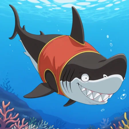 masterpiece, best quality, amazing quality, official style, m3g4lo, male, furry, solo, shark, black skin, white underbelly, two-tone skin, black eyes, nostrils, sharp teeth, fins, gills, tailfin, red tank top, smile, full body, underwater, outdoors, ocean