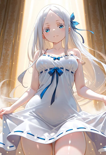 AIイラストおじさん Style, (((1girl, solo))), full_body, perky body, big_booty, cute, perfect_face, beautiful_eyes, shiny eyes, bright eyes, perfect_body, legs and arms, soft skin, Standing up, dynamic pose, ((masterpiece)), vibrant colors, wallpaper, colorful, stunning, ((looking_at_viewer)), sweet thighs, expressive face,(lens flare, god rays, light dust, dust particles:1.3), <lora:Dramatic Lighting Slider:5>, (front view), cowboy shot, shiny skin, skindentation, Pandora, (Re:Zero), white hair, long hair, blue eyes, colored eyelashes, parted bangs, pale skin, forehead, blue ribbon, long hair ribbon, witch dress, ribbon-trimmed dress, shoulder slip, white dress, loose dress