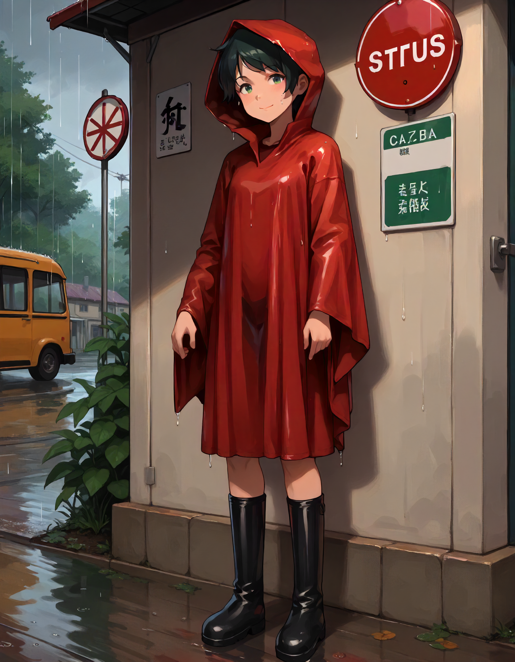 score_9,score_8_up,score_7_up,1girl,solo,looking at viewer,smile,closed mouth,rain,bus stop,
<lora:kcmogami_ponyXLV6:0.8>,kcmogami,black hair,short hair,swept bangs,green eyes,
red raincoat,thighs,black rubber boots