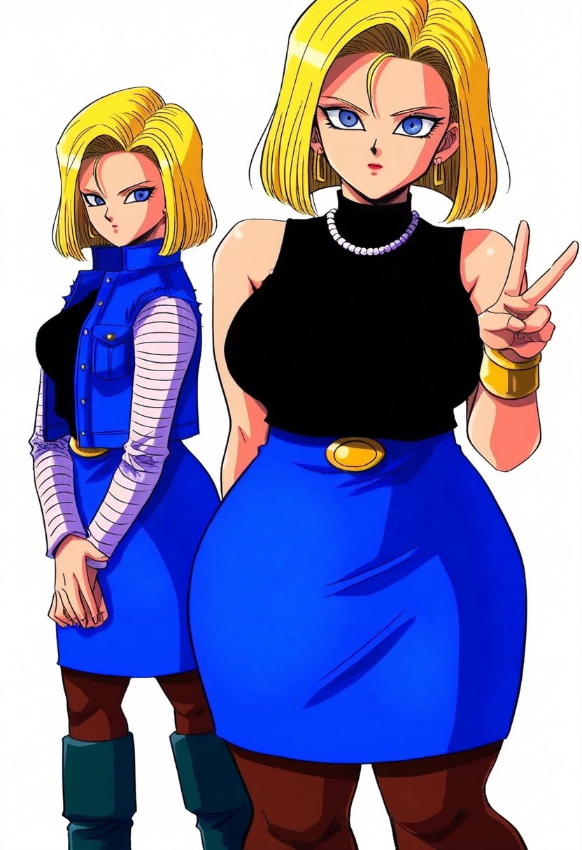 masterpiece, best quality, amazing quality, high resolution, absurdres, highly detailed, R0k00Bl0ckB0ckgr00ndHD, android_18, blonde hair, short hair, blue eyes, earrings, necklace, makeup, black shirt, long white striped sleeveless, blue vest, blue skirt, pantyhose, boots, breasts, curvy, v, sunglasses on head,