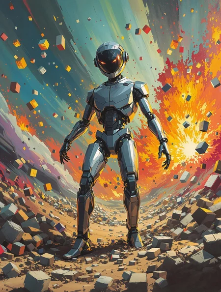 A sleek android breaking free from a collapsing world of pixel blocks and distorted oil-painted landscapes, chaotic pop art explosions in the background, intense expression, cinematic shot