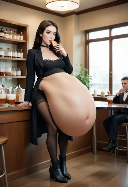 masterpiece, best quality, high quality, highres, absurdres, extremely realistic ,award-winning, professional, highly detailed, soft lighting, golden hour, blue countershading, score_9, score_8_up, score_7_up, green eyes, black choker, black footwear, black jacket, boots, choker, collarbone, dress,jacket, jewelry, long sleeves, open jacket, black dress, long hair, pantyhose, stockings, thigh highs, belly fully clothed, belly in cloth, belly covert, belly in dress, eating at the buffed, ice cafe, sitting on chair, belly on top of table, huge belly, rubbing belly, bellysag, huge saggy belly,