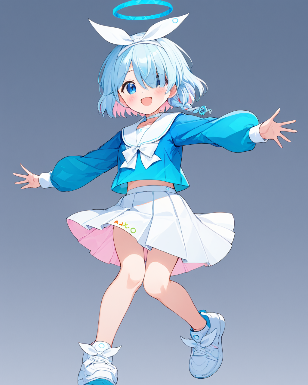 arona \(blue archive\),1girl, solo, halo, hair_over_one_eye, white_skirt, white_footwear, braid, open_mouth, smile, looking_at_viewer, long_sleeves, white_choker, white_sailor_collar, blue_shirt, blush, bow_hairband, bow, star_\(symbol\), white_hairband, ribbon, sneakers, white_background, pleated_skirt, outstretched_arms, blue_serafuku
<lora:arona_(blue_archive)_image5127_2023-12-02-000009:1>halo. gorgeous,key visual, vibrant, studio anime,award-winning, professional, highly detailed,high budget, cinemascope