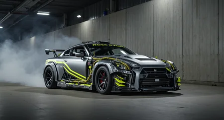 a heavily mechanized silver-gray GT-R, mechanical tubing in high-contrast neon yellow tracing aggressively over the fenders and hood, front body panels removed to reveal turbine-fed intakes and coiled metal lines running through the chassis frame, side skirts armored with bolted plating, rear diffuser lined with exposed wiring and servo mounts, bold geometric paintwork in matte steel and yellow chevrons, visible rivets and welded seams all over, background is an underground drift pit with lingering tire smoke and bare concrete walls lit by industrial work lights, muted environment that emphasizes the bright mechanical contrast of the car, 28mm lens for close, aggressive angle
mg-mk.1