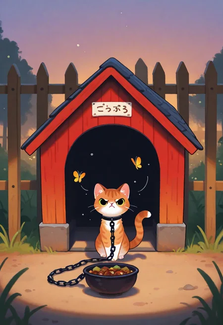 "(masterpiece, best quality, high quality, highres), very awa, highres, absurdres,
(naguru \(cyoroama\):0.9), (chii-kun \(seedyoulater\):0.7), (pikaole:0.8),
(cat:1.1),
(no humans:1.1), (cute:1.2), comfy, solo, cozy,
doghouse, collar, on chain, (town:0.4), bowl food, fence, butterfly, angry, evening, "
