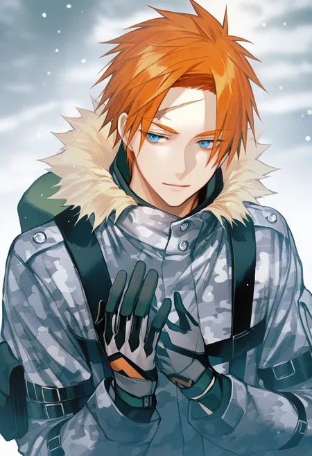 artist:gomzi,artist:wanke,artist:diyokama, rei_(sanbonzakura),[[artist:fuzichoco]],year 2023, 
1boy, solo,
ribelio strada, orange hair, short hair, blue eyes, scar on forehead,
fur-trimmed jacket, urban camouflage, gloves, tactical clothes, camouflage jacket
upper body, snowing, wild,
<lora:ntmf_majorcharacters.ilxl:1>