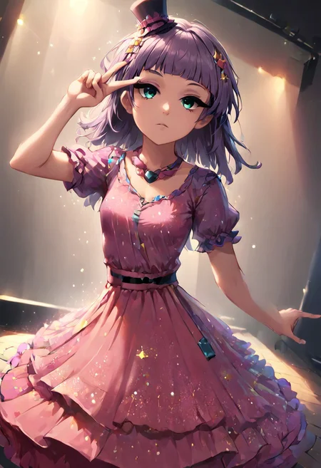 SFW, rating_all, dutch angle shot, score_10, score_8_up, score_7_up, (((human))), 1female, (((solo))), (((Maud Pie in an idol dress))), ((idol dress)), idol, pink dress, layered dress, pink bow, microphone, holding microphone to mouth, on stage, cute pose, (((expressionless face))), (mini top hat), (((performing on stage))), beautiful, detailed, vector, flat colors, ((correct finger anatomy)), (((v over eye))), magical-girly, stage lights, glitter, sparkles, mad-confetti-explosion