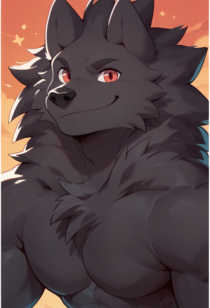 score_9, score_8_up, score_7_up, high quality, hires, leon_(i_think_i_like_you), furry, 1boy, solo, wolf boy, red eyes, black fur, muscular, smile, happy, looking at viewer, <lora:Leon_I_Think_I_Like_You:1>