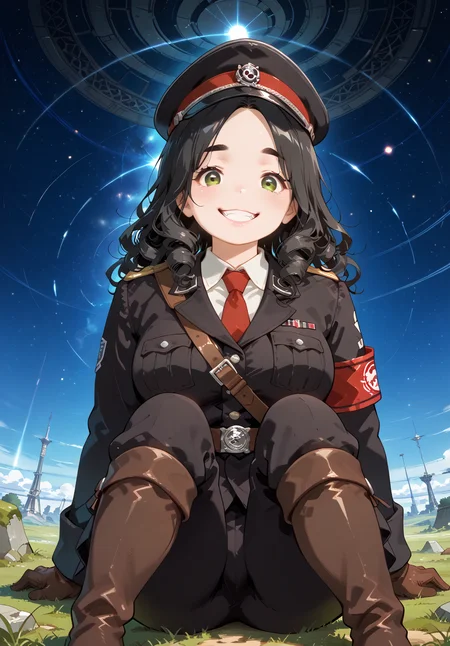 IllusP0s, PonyScores7, source_anime, ah1, IllustriousQual, interesting, exciting, spectacular, wonderful,
BREAK <lora:xl_more_art-full_v1:0.2>, <lora:aesthetic_anime_v1s:0.2>, <lora:EpicF4nta5yXL:0.2>, <lora:detailxl:0.2>, detailxl, <lora:Fant5yP0ny:0.2>, amazing quality, best aesthetic, absurdres, illustration, Volumetric_Lighting, ultra-detailed, very aesthetic, intricate details, best_quality, <lora:Anime_Aesthetic_Wallpaper_StyleIllustriousXL:0.4>, aniwall,
BREAK ((Sitting on the ground, hugging knees to the chest)),
BREAK Stable_Yogis_PDXL_Positives, AS-Adult, <lora:Complicated fantasy portrait - XL Pony V2.0:0.2>, bad-hands-5, <lora:HDA_Detailer:0.3>, <lora:natsumi_style:0.5>, <lora:by_usakun-pony:0.4>, by usakun, <lora:Akina_Bbw_Style_-_PonyXL:0.2>, AkinBw, (((from below), (from back), medium distance from viewer)),
BREAK 1girl, mature female, (curvy), round-chin, caucasian, <lora:ETO_OC_Illustrius:0.5>, eto_oc, skindentation, (plump), thick thighs, wide hips, busty, voluptuous, <lora:venus body PonyXL:0.3>, <lora:shinyskin2:0.2>, glistening skin, HDA_FatGirlXL, round ass, large breasts,
BREAK ((<lora:AllgemeineSSuniform-bare:0.8>, xssuniformx, military uniform, black jacket, long sleeves, necktie, shoulder strap, belt, black pants, gloves, peaked cap, armband, knee boots)),
BREAK (curly hair), long hair, (black hair:1.4), (parted hair:1.7), messy hair, kinky curls, <lora:hairdetailpxl:0.2>, hairdetailpxl,
BREAK (half green and brown eyes), (colorful eyes), (multicolored eyes), (downturned eyes:1.4), <lora:expressive eyes:0.2>, expressive eyes, <lora:eyedetailpxl:0.2>, eyedetailpxl, <lora:Eyes_High_Definition:0.2>, EyesHD, (round face:1.2), (thick eyebrows:1.3), (plump face), <lora:Round_face:0.2>, lips,
BREAK ((cheeky expression, Grin with one side raised, playful eyes expression)), <lora:Expressive_H:0.2>, Expressiveh, <lora:Emotional_Anime_Expressions_PonyXL_Concept:0.2>, emotional, <lora:Best_Facial_Expression_LoRA_PONY:0.2>, looking at viewer, <lora:Detailed expressive EXEV style -XL Pony V1.0:0.2>, FaceDetail, <lora:Best_Facial_Expression_Helper_XTREME_ILLU:0.4>, kaogei,
BREAK (((futuristic, medieval, space_memorial, moss-covered stones))), <lora:Background Detailer - SDXL:0.8>, 4k, 8k, Ultra HD, Masterpiece, Best quality, Detailed background, <lora:Add_more_details_V2_XLpony:0.4>, full_details, <lora:background-type1:0.4>,