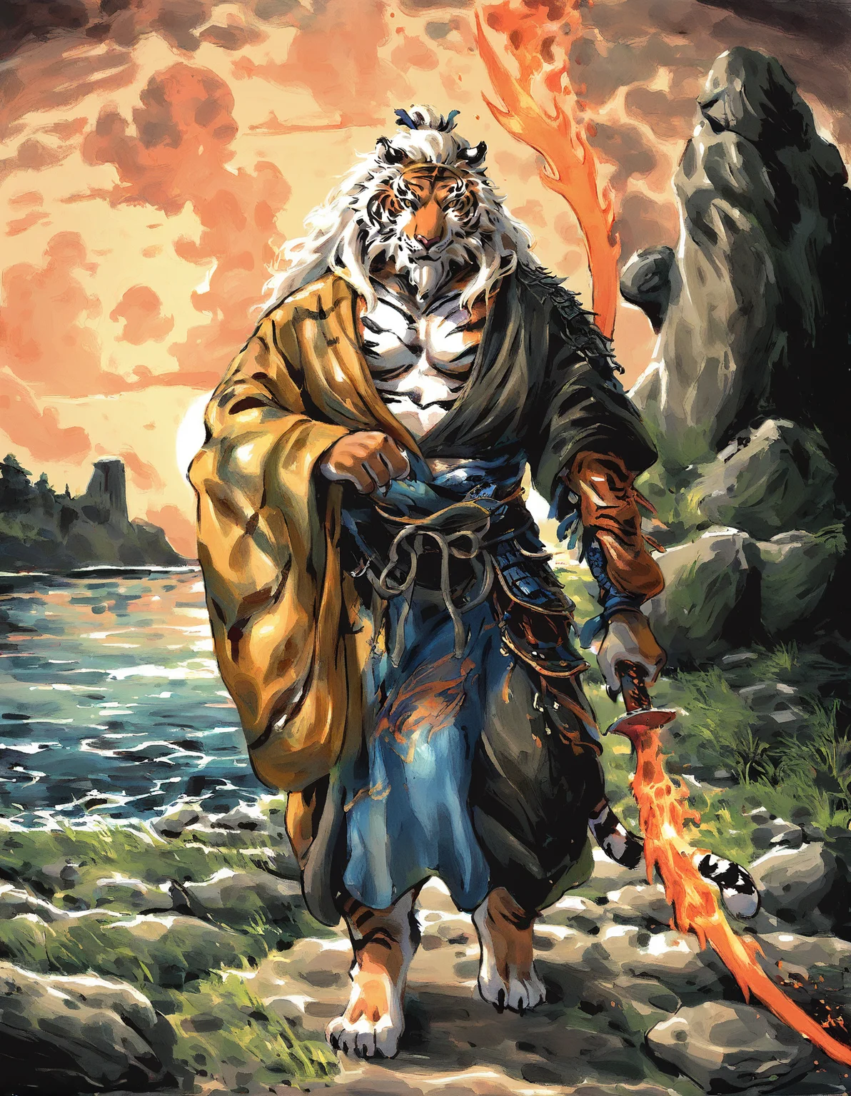 ink wash painting, tiger,male,solo,anthro, orange fur, yellow eyes,mature, battle robe, pattern blue loincloth, pattern robe, hair bun,white mane hair, beard, standing, holding melee weapon, double headed fire blade, polearm, sunset, dusk, sky, black contour, grass, rock, walking towards viewer,
<lora:BlackMythGuangzhi_1.1.8:1> <lora:xl_shuimo:1>