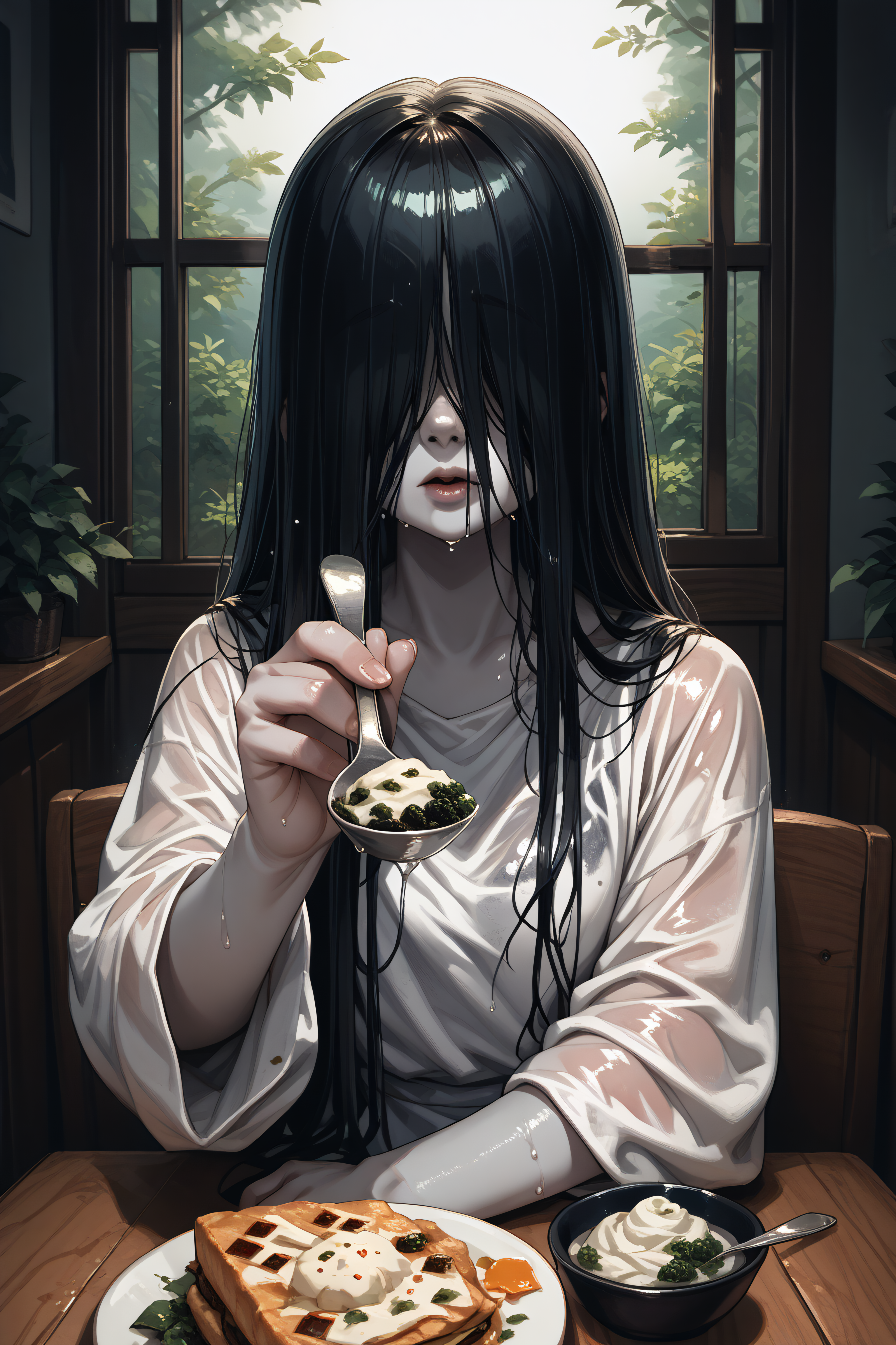 score_9, score_8_up, score_7_up, score_6_up, source_anime, <lora:yamamura sadako-PonyXL-lora-Faxtron:1> yamamura sadako, hair over eyes, black hair, long hair, pale skin, white dress, wet clothes, horror \(theme\),    <lora:IncomingFood_pdxl_Incrs_v2:1> incoming food, holding spoon, pov across table, upper body,