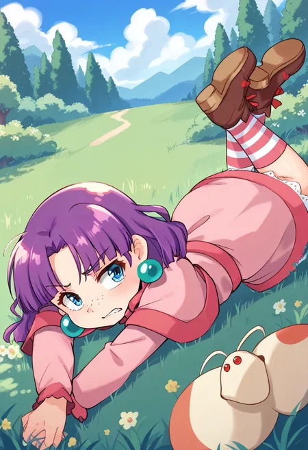 score_9, score_8_up, score_7_up, best quality, uncensored, source_anime, BREAK
1girl, solo, sue(grandia), purple hair, medium hair, hair ribbon, blue eyes, green earrings, freckles, capelet, pink dress, sue(grandia) outfit, striped socks, brown shoes,
frustrated, from side, on stomach, outdoors,
<lora:sdxl_lightning_8step_lora:1> <lora:sue(grandia)_XL(pony):1>