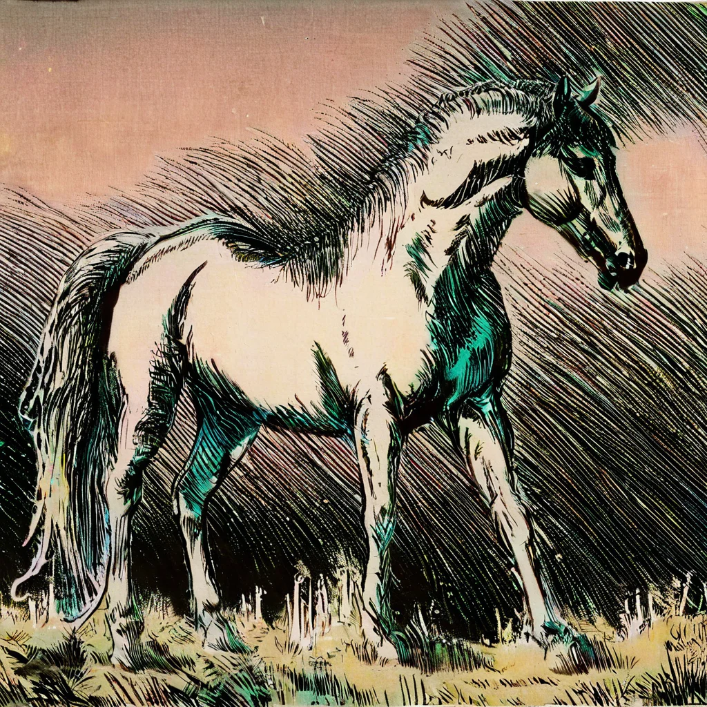 professional 3d model breathtaking anime artwork Epic wide angle shot of a horse made out of (opalescent irradiance:1.25) and colorful energy, space nebula and iridescent colors, excessive energy jolttech in the shape of a horse, running in a grassfield at night in style of <lora:skrmk05:3>, pen, ink, pencil, sketch . anime style, key visual, vibrant, studio anime, highly detailed . award-winning, professional, highly detailed . octane render, highly detailed, volumetric, dramatic lighting, cinematic film still . shallow depth of field, vignette, highly detailed, high budget, bokeh, cinemascope, moody, epic, gorgeous, film grain, grainy, breathtaking . award-winning, professional, highly detailed, horror-themed . eerie, unsettling, dark, spooky, suspenseful, grim, highly detailed, long exposure photo of . Blurred motion, streaks of light, surreal, dreamy, ghosting effect, highly detailed