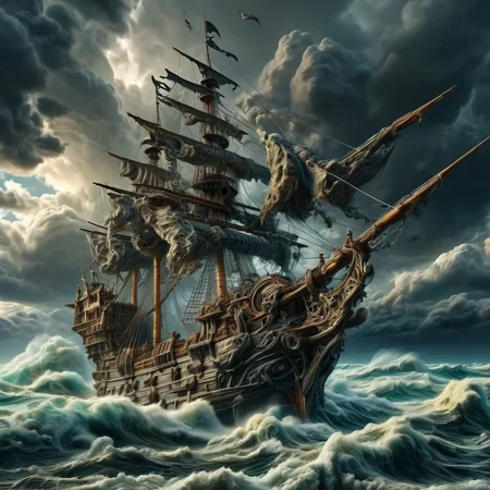 mortishadow a powerful pirate ship on a stormy sea, large waves and a cloudy sky, darkness, very detailed<lora:mortishadow:1>
