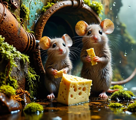 Painting by Ron English winding city sewer tunnel, mossy walls, rusty wet pipes and fittings stretch along the walls, a rats sits on the pipe and holds a one cheese in his paws . detailed fur, water droplets falling down, Cute Animals, zhibi, contrasting shadows, god rays, dust, light mist, pastel shades, detailed, immersive . pop-surrealism, cultural subversion, iconic mash-ups, vibrant and bold colors, satirical commentary
