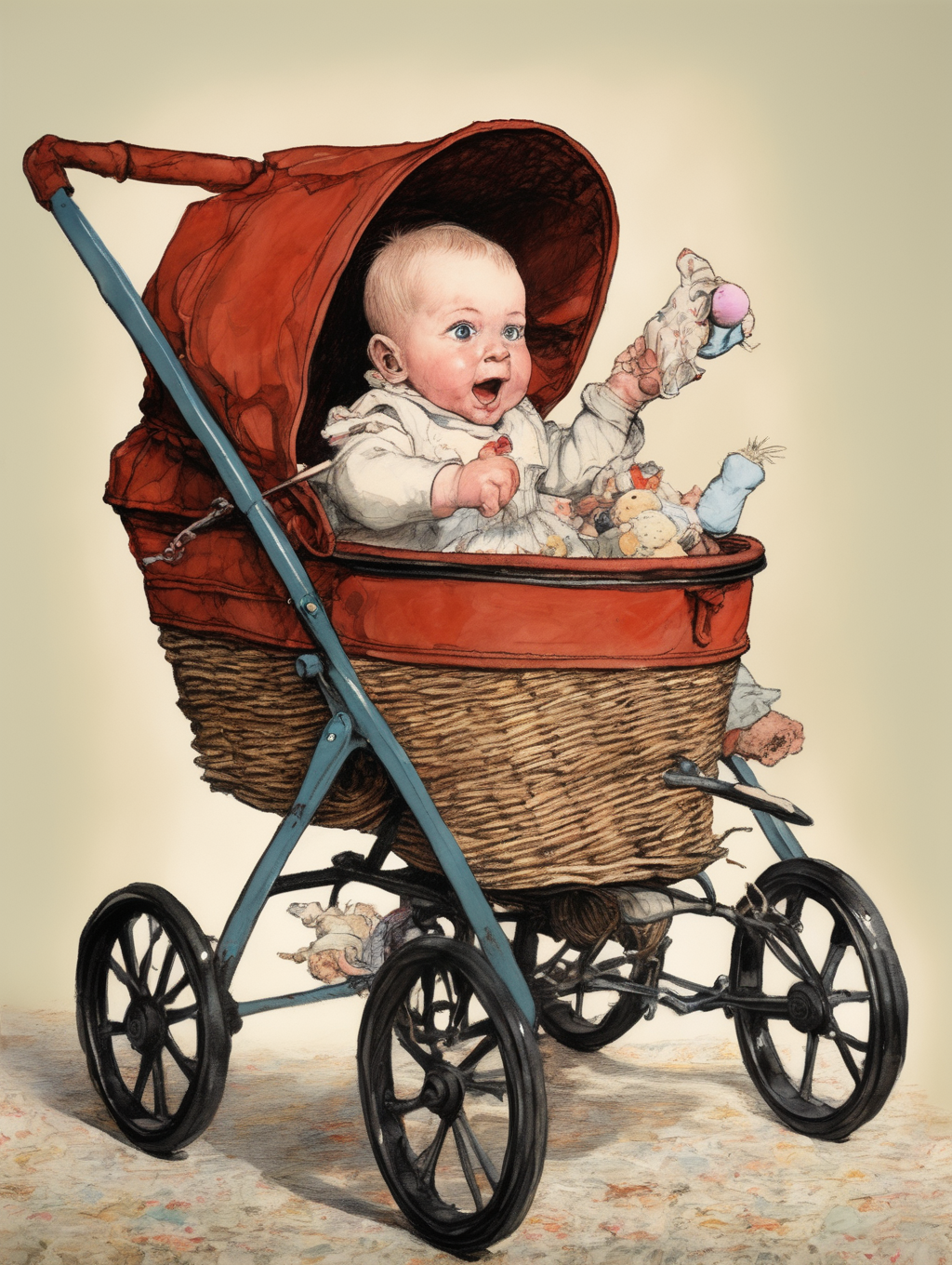 <lora:Randolph Caldecott Style:1>Randolph Caldecott Style - imagine a close-up shot of the baby in the pram. style of shirley hughes - angry child throwing toys out of pram. . The baby's face is in sharp focus, capturing their expression of glee and mischief. The style should be hyper-realistic, with every detail of the baby's face and the toy captured in high resolution. The lighting should be soft and diffused, creating a warm and inviting atmosphere. The composition should be a tight shot, focusing on the baby and the toy, with a shallow depth of field to blur the background.