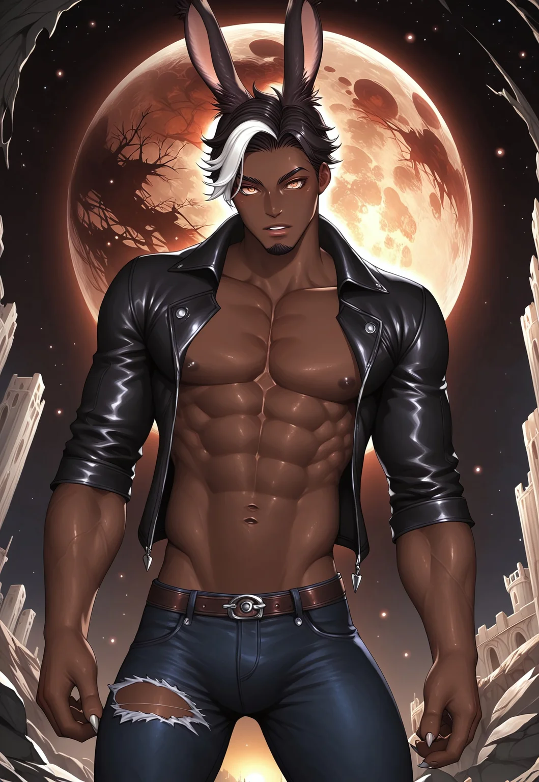 safe_pos, score_9,score_8_up,score_7_up,score_6_up, 1boy, ((BREAK)), sexy man, man, Khitli Viera, ((dark skinned viera man)), toned muscles, tall, ((no human ears)), ((viera ears)), ((short black hair with white highlights)), ((black and white goatee)), rugged features, ((black jacket with no shirt showing muscles)), ((ripped blue jeans)), boots, ((large expressive golden eyes)), pants on, face to the right of viewer, gesturing pose with arm stretched out, high res image, masterpiece, dynamic shot, <lora:Expressive_H:0.65> <lora:incase-ilff-v3-4:0.5> <lora:g0th1cPXL:0.45>  <lora:Branwen_QBR:0.7>, high gradient eyes, eyesHD, dynamic pose, dynamic, detailed eyes, high definition eyes, amazing quality, wallpaper, wide angle, castle, exterior, nighttime, moon, moonlight, stars, gargoyle. bats, dead trees, creepy