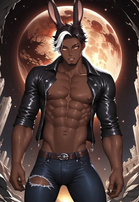safe_pos, score_9,score_8_up,score_7_up,score_6_up, 1boy, ((BREAK)), sexy man, man, Khitli Viera, ((dark skinned viera man)), toned muscles, tall, ((no human ears)), ((viera ears)), ((short black hair with white highlights)), ((black and white goatee)), rugged features, ((black jacket with no shirt showing muscles)), ((ripped blue jeans)), boots, ((large expressive golden eyes)), pants on, face to the right of viewer, gesturing pose with arm stretched out, high res image, masterpiece, dynamic shot, <lora:Expressive_H:0.65> <lora:incase-ilff-v3-4:0.5> <lora:g0th1cPXL:0.45> <lora:Branwen_QBR:0.7>, high gradient eyes, eyesHD, dynamic pose, dynamic, detailed eyes, high definition eyes, amazing quality, wallpaper, wide angle, castle, exterior, nighttime, moon, moonlight, stars, gargoyle. bats, dead trees, creepy