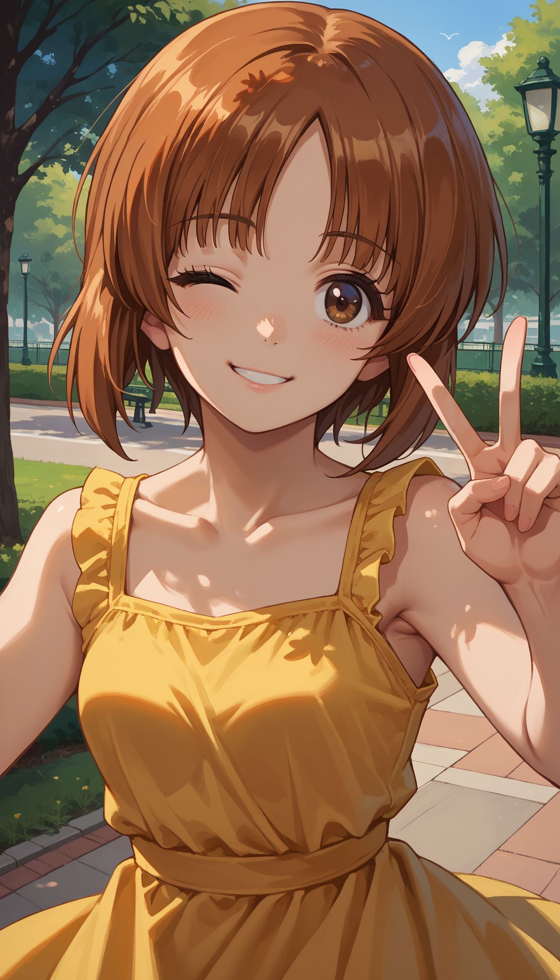 score_9, score_8_up, score_7_up, source_anime, 
 <lora:GUPMiho:1> 1girl, nishizumi miho, brown hair, short hair, brown eyes,  
smile, selfie, v, one eye closed, head tilt, park, sleeveless, dress, sundress, dress, solo, solo focus