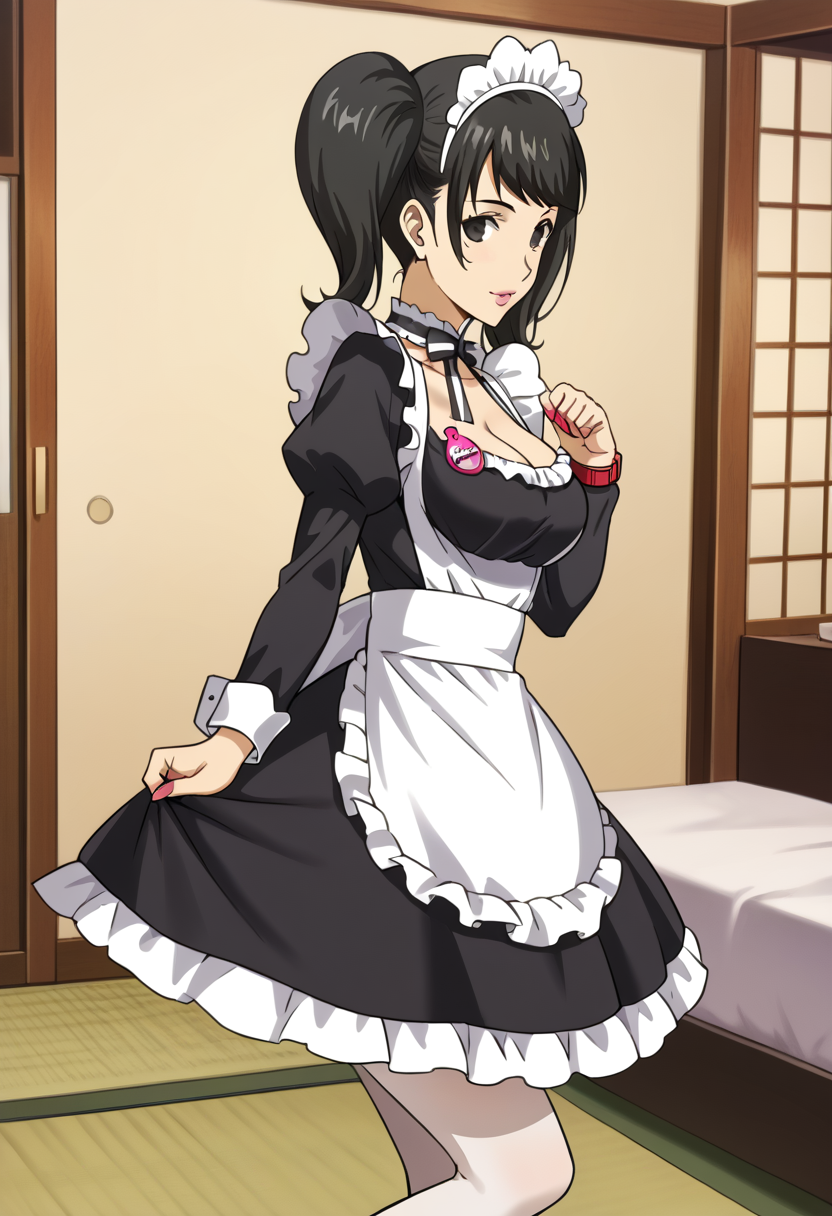 1 girl, solo, cute face,
p5kawakami, black hair,
p5kawakami-becky, maid, twintails, pantyhose, white pantyhose, maid headdress, apron, cleavage, pink button badge, red watch strap,
bedroom, tatami, side view, cute pose, looking at viewer,
masterpiece, best quality, ultra detailed,