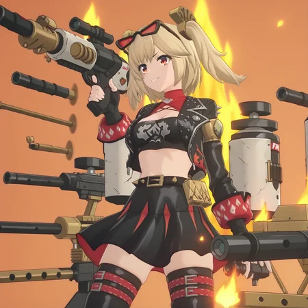 <lora:burnice.pony.v3:1.0>, zzzburnice, blond hair, twintails, medium hair,
<lora:gateofbabylon_Pony_v1:0.7>, gate of babylon, glowing, orange background,
flamethrower, multiple flamethrower, flames, fire,