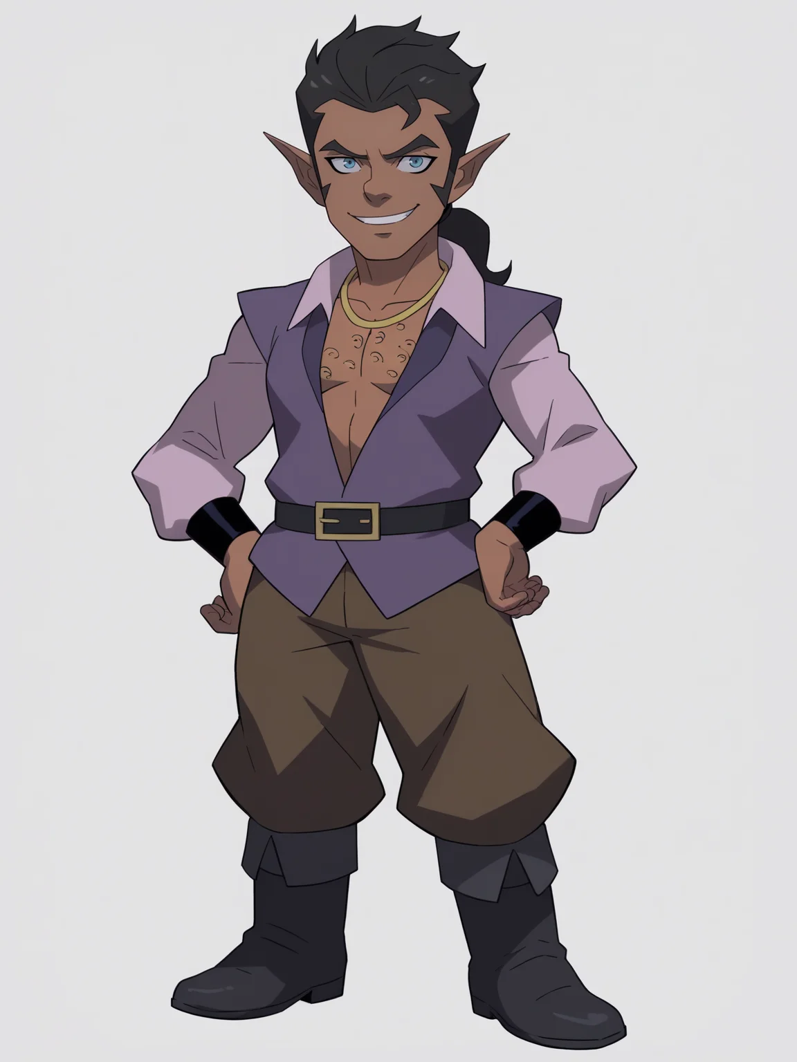 score_9, score_8_up, score_7_up, BREAK,
scanlan, 1boy, black hair, ponytail, blue eyes, dark skin, pointy ears,
necklace, open shirt, chest hair, brown pants, shirt,
belt, boots,
hands on hips,
smile, solo, full body, looking at viewer, solo, simple background, white background <lora:ScanlanXL_byKonan:1>