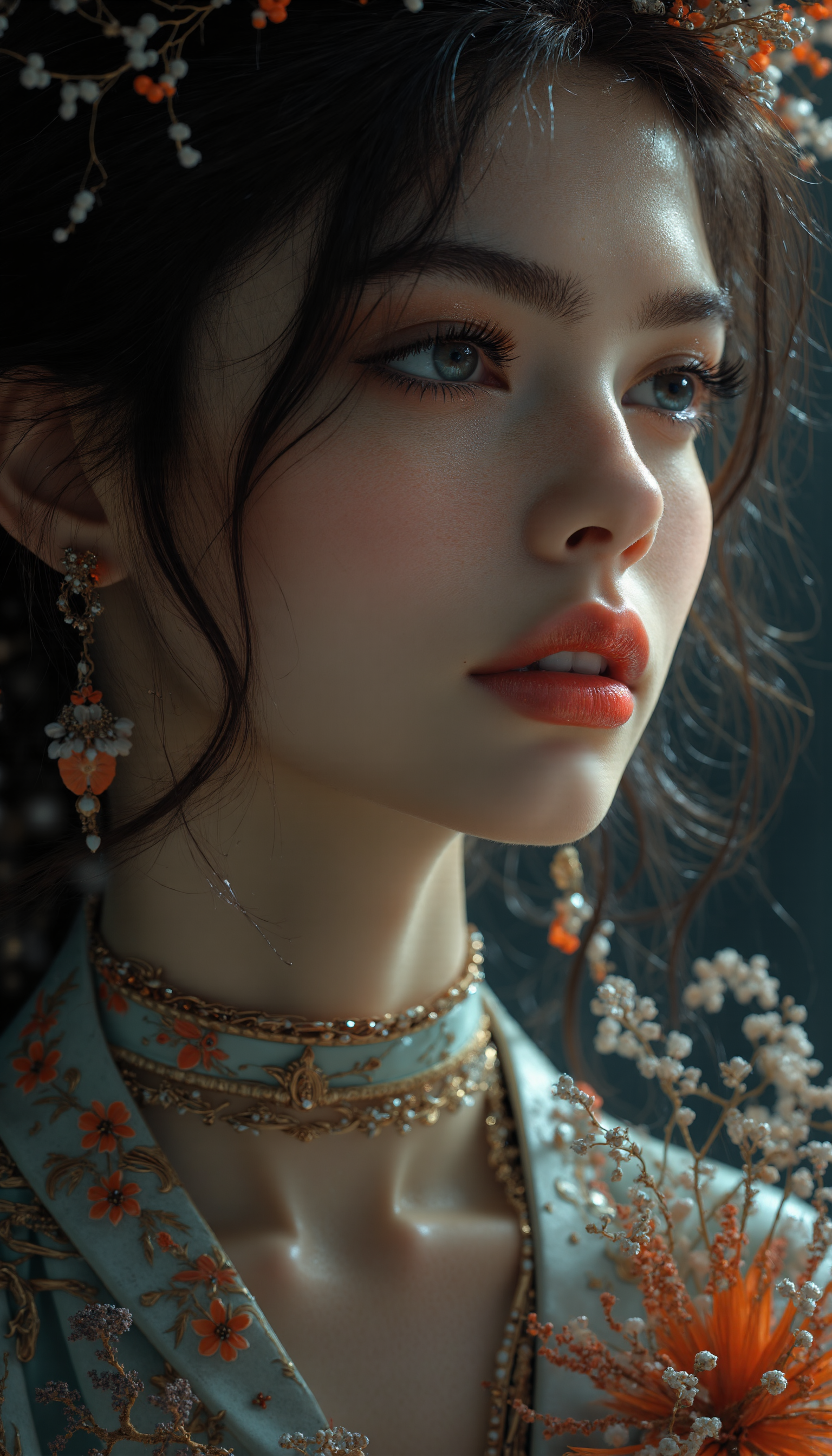 Midjourney_Whisper, A hyper-realistic portrait of a stunning supermodel, featuring a beautifully detailed face with captivating eyes and a serene expression. The image showcases her natural beauty, focusing on her flawless skin and delicate features. The composition blends modern and traditional elements with a neo mode, avant-garde style, characterized by elegant lines, vibrant colors, and exquisite details. Her hair is styled in an intricate and unique fashion, adding to her ethereal and timeless aura. The lighting enhances her features, creating a soft interplay of light and shadow, while the high-resolution quality captures every detail with photorealistic clarity, twisted torso pose, (three quarter view:0), straight-on, (dutch angle:0.2),upper body, breast focus, looking away, <lora:midjourney_whisper_flux_lora_v01:1>,