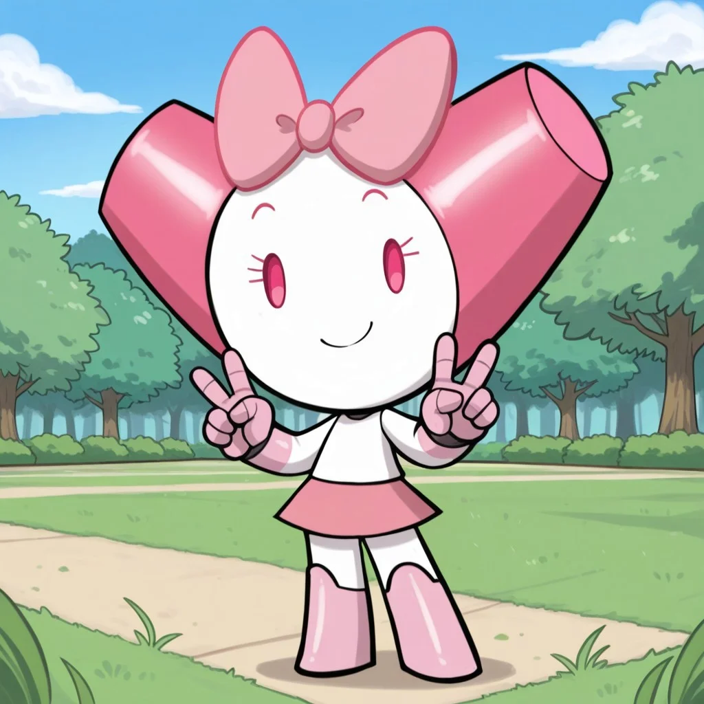 score_9, score_8_up, score_7_up, beautiful, high quality, highres, masterpiece, western cartoon, cartoon, best quality, black outline, thick outline, BREAK, solo, 1girl, full body, Robotgirlbase, short, chibi, shortstack, robot, robot girl, pink bow, pink skirt, pink eyes, standing, v, double v, looking at viewer, smile, BREAK, detailed background, detailed environment, outdoors, park, green grass blue sky,