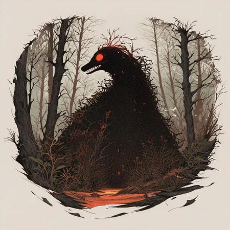 score_9, score_8_up, score_7_up,score_6_up, score_5_up, score_4_up,source_anime,retro artstyle,halftone effect,epic,intricate linework,no humans,creature focus,a black furred barghest with glowing red eyes skulking in the woods,full body,outdoors,forest,horror