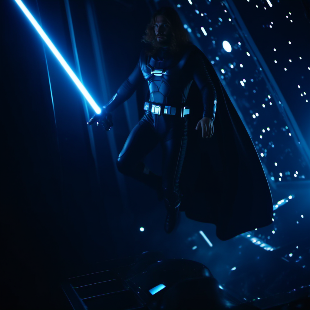 cinematic photo a full body man with long hair and a beard in a space suit with a cape, a pistol-lightsaber and a see-through shield, in a spaceship <lora:Ulysse31-1024_r1:0.8> . 35mm photograph, film, bokeh, professional, 4k, highly detailed