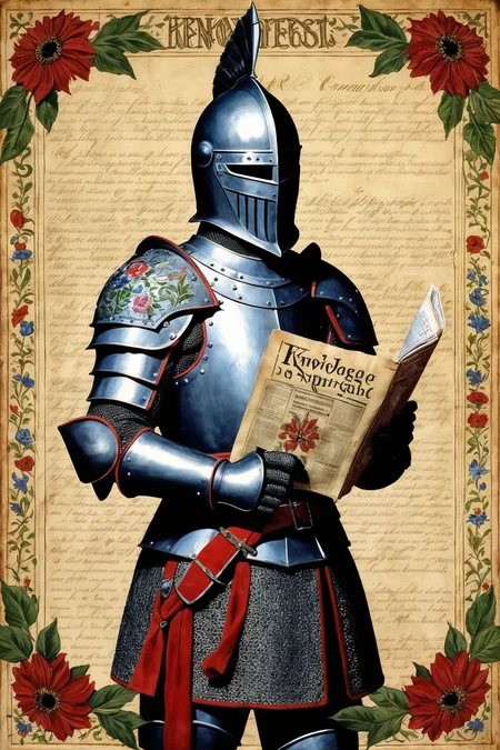 vintageillustration, medieval,
knight, paladin,
knight outfit, decorated intricate armor, helmet,
holding newspaper,
intricate floral parchment background,
with the latin texbox saying "knowledge is important",
(best quality, absurdres)