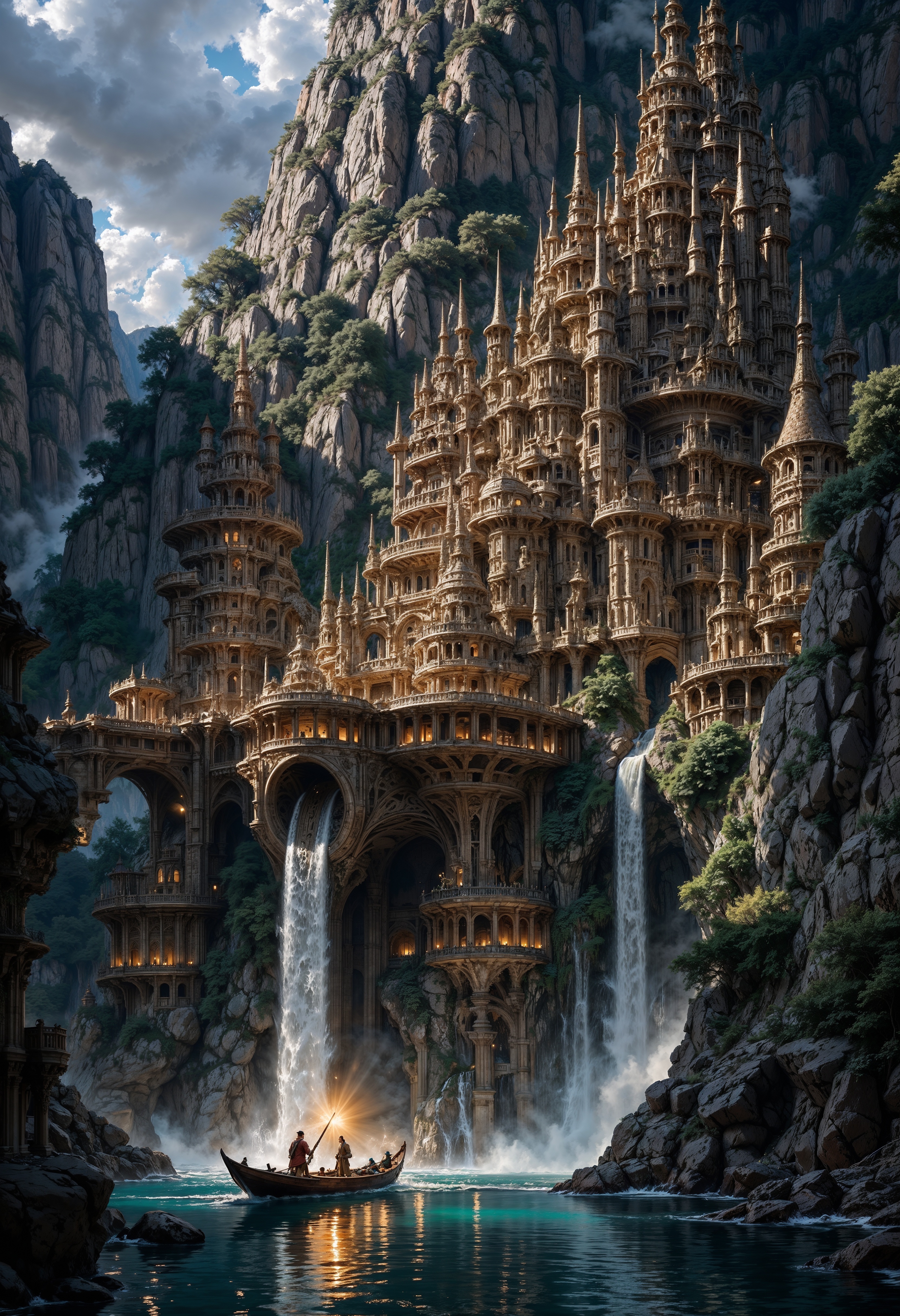 a sprawling, intricate city built into a rocky cliffside, illuminated by warm, glowing lights. The architecture is a blend of medieval and steampunk styles, with wooden structures, metal gears, and pipes. A waterfall cascades down the center, adding a dynamic element to the scene. In the foreground, a small boat with two figures navigates the water, surrounded by jagged rocks. The sky is overcast, with a hint of sunlight breaking through, casting a mystical ambiance. The overall color palette is a mix of earthy tones and cool blues, enhancing the fantastical atmosphere.
