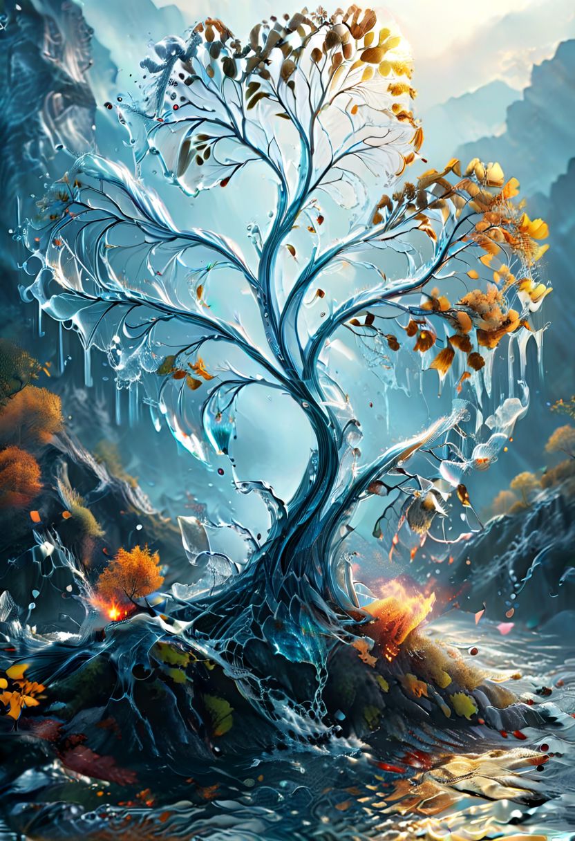 UHD, masterpiece, high quality, extremely details, intricate details, sharp focus, realistic, OverallDetailXL, 
a tree made of water with leaves on fire ,ais-wvs, strong wind, leaves dancing in the air, lake surrounded by mountains,