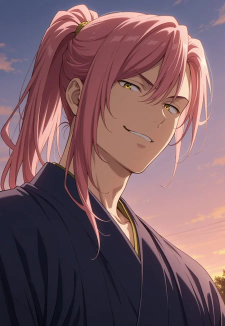 masterpiece,best quality,amazing quality, detailed details, shaded, detailed shading, detailed skin, shaded skin, realistic shading, countershading:1.1, outdoors, evening, low angle view, close-up, 1boy, male focus, solo, Kaoru Sakurayashiki, pink hair, yellow eyes, ponytail, japanese clothes, smirk, looking at viewer