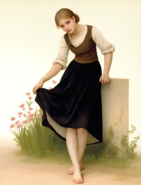 1girl, solo, looking at viewer, short hair, skirt, blonde hair, brown hair, shirt, brown eyes, standing, full body, white shirt, flower, outdoors, barefoot, black skirt, vest, feet, toes, shadow, grass, plant, sleeves rolled up, long skirt, realistic, skirt hold, oil painting \(medium\)
masterpiece, absurdres,
<lora:oilpainting-NAI-VPRED1.0-V1-locon-dim32alpha16-drop0.1-SNR1-07:1>