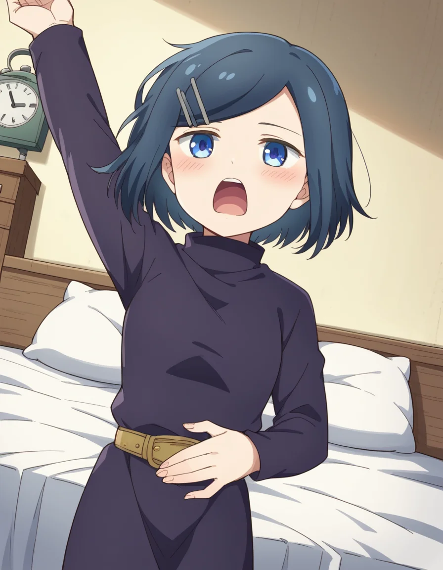 score_9, score_8_up, score_7_up, source_anime, <lora:dungeonpeople-clay-s1-ponyxl-lora-nochekaiser:1>, clay, short hair, blue eyes, black hair, hair ornament, blue hair, hairclip, swept bangs,, dress, belt, long sleeves, turtleneck,, bedroom, alarm clock, morning routine, yawning, stretching, on bed,, , , hand on stomach, blush,, solo,, cowboy shot, dutch angle
