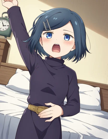 score_9, score_8_up, score_7_up, source_anime, <lora:dungeonpeople-clay-s1-ponyxl-lora-nochekaiser:1>, clay, short hair, blue eyes, black hair, hair ornament, blue hair, hairclip, swept bangs,, dress, belt, long sleeves, turtleneck,, bedroom, alarm clock, morning routine, yawning, stretching, on bed,, , , hand on stomach, blush,, solo,, cowboy shot, dutch angle