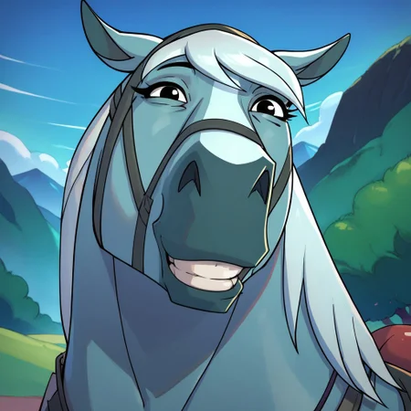 score_9, score_8_up, score_7_up,
BREAK
h0rs3, 1girl, beautiful face, feral horse, smile, jewelry, upper body, mountain, blue sky, horse ears, no humans, blurry background, teeth, circle eyes, solo, looking at viewer, standing, bridle, tail, head shot, greyish-blue body, white hair, black eyes