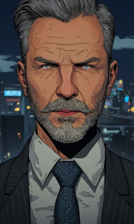 old man with a beard wearing a suit and tie close up portrait photo , gray eyes, closeup on face cyberpunk anime city at night, comic illustration<lora:Flux\mine\smalleyes.safetensors:1.0:1.0> <lora:Flux\CPA.safetensors:1.0:1.0>